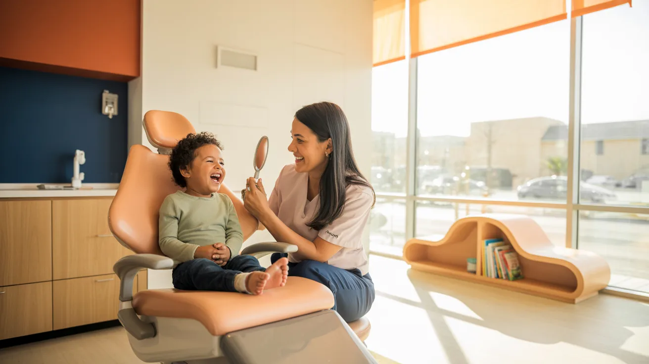 Smiling child in a Boca Kids dental chair with a friendly hygienist showing them a mirror