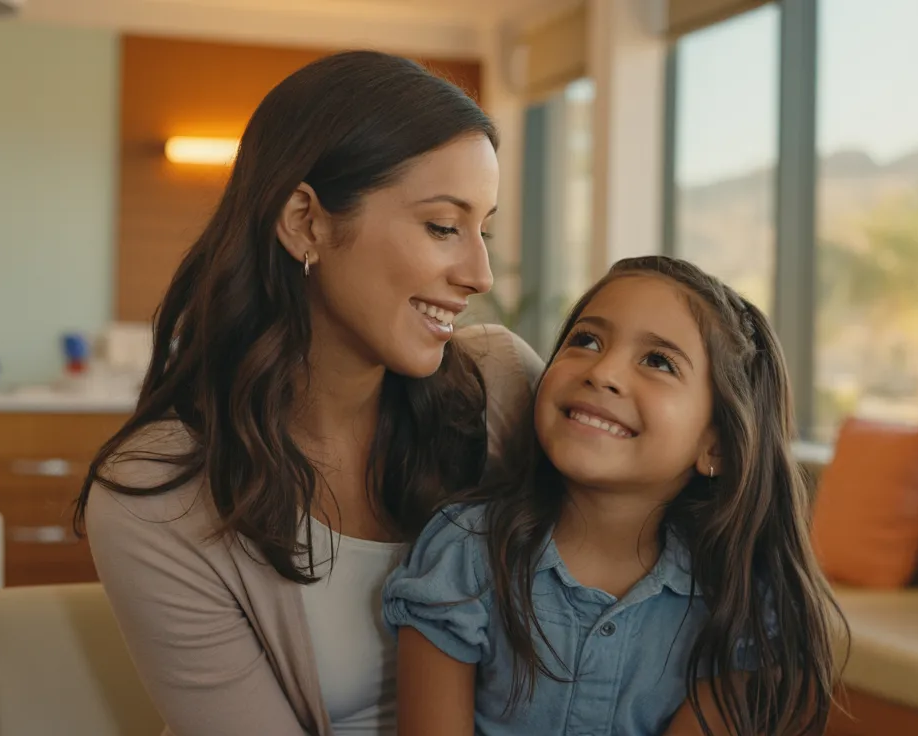 A mother and daughter sharing a moment in the warmly lit Boca Dental and Braces waiting room — Las Vegas family dental practice